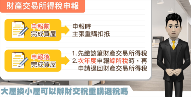 財產交易所得稅申報方式，申報時扣抵，或先繳納後，隔年申請扣抵