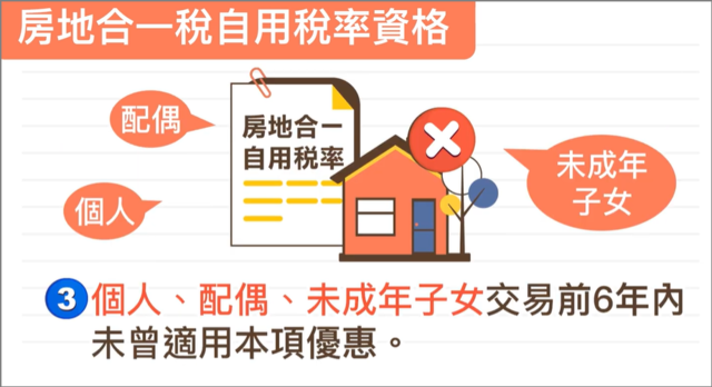 房地合一稅自用稅率資格-本人配偶未成年子女交易前6年未曾適用本項優惠