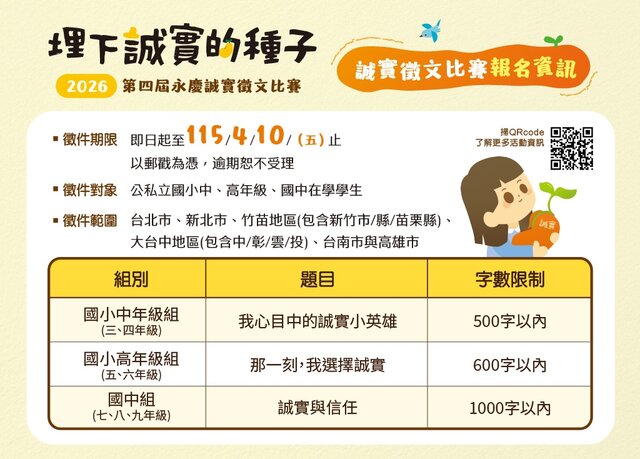 2026第四屆永慶誠實徵文比賽報名資訊